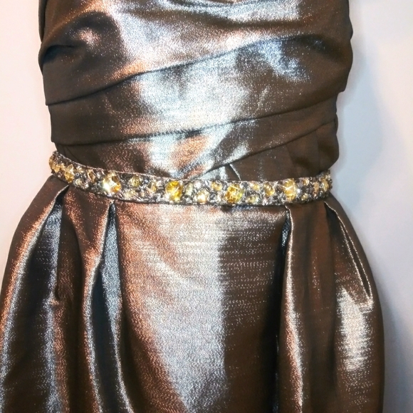 Monique Lhuillier Strapless Sparkly Bronze Lame´ Beaded Waist Evening Gown - Picture 4 of 16